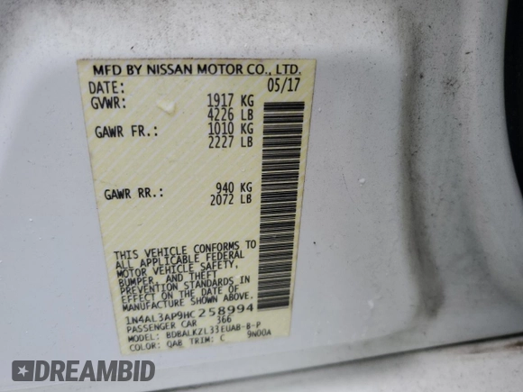 2017 Nissan Altima SV z VIN 1N4AL3AP9HC258994, wystawiony jako Copart lot #56289865 z przebiegiem 82 763 mil mil oraz Szkoda całkowita • Salvage title. Historia ofert i sprzedaży dostępna na DreamBid. Obrazek 13.