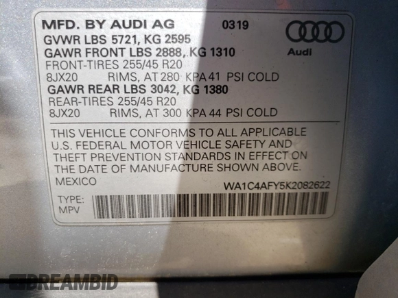 2019 Audi SQ5 Prestige with VIN WA1C4AFY5K2082622, listed as a Copart auction lot 48121033 with 30,089 mi miles. Bid and sale history available at carsss.com. Image 12.