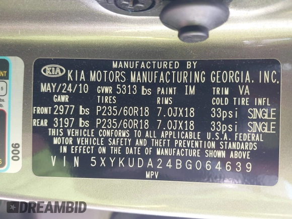 2011 Kia Sorento EX z VIN 5XYKUDA24BG064639, wystawiony jako IAAI lot #42369960 z przebiegiem 133 687 mil mil oraz . Historia ofert i sprzedaży dostępna na DreamBid. Obrazek 9.