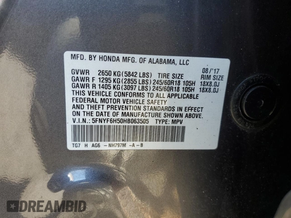 2017 Honda Pilot EX-L with VIN 5FNYF6H50HB063505, listed as a Copart auction lot 54768955 with 70,103 mi miles and Salvage Title. Bid and sale history available at DreamBid. Image 13.