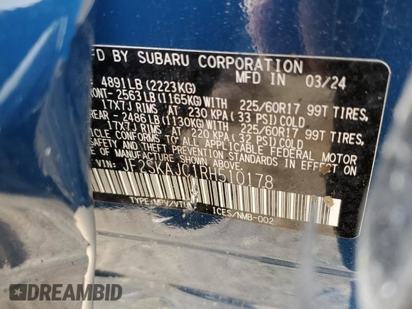 2024 Subaru Forester Wilderness with VIN JF2SKAJC1RH510178, listed as a Copart auction lot 58862495 with 20,105 mi miles and Salvage title. Bid and sale history available at DreamBid. Image 13.