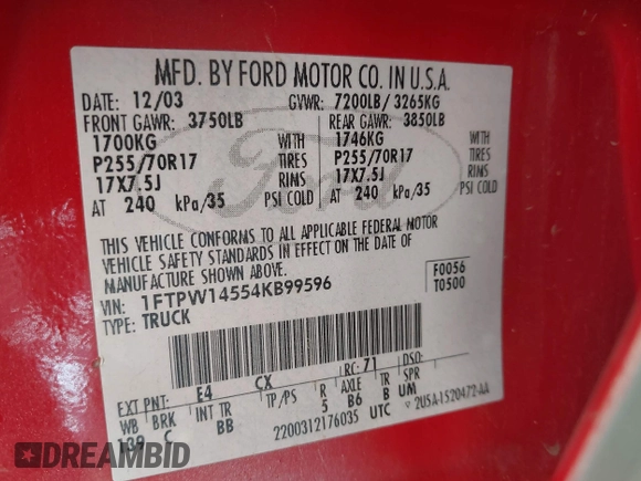 2004 Ford F-150 XLT z VIN 1FTPW14554KB99596, wystawiony jako IAAI lot #42575950 z przebiegiem 142 071 mil mil oraz . Historia ofert i sprzedaży dostępna na DreamBid. Obrazek 9.
