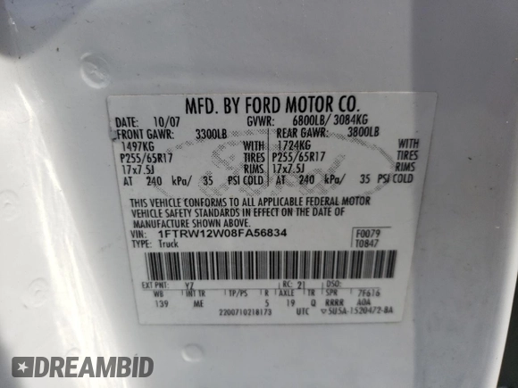 2008 Ford F-150 XL z VIN 1FTRW12W08FA56834, wystawiony jako Copart lot #57659075 z przebiegiem 340 475 mil mil oraz Szkoda całkowita • Salvage title. Historia ofert i sprzedaży dostępna na DreamBid. Obrazek 12.