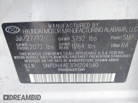 2013 Hyundai Elantra GLS with VIN 5NPDH4AE3DH204540, listed as a IAAI auction lot 42696931 with 202,011 mi miles and . Bid and sale history available at DreamBid. Image 9.