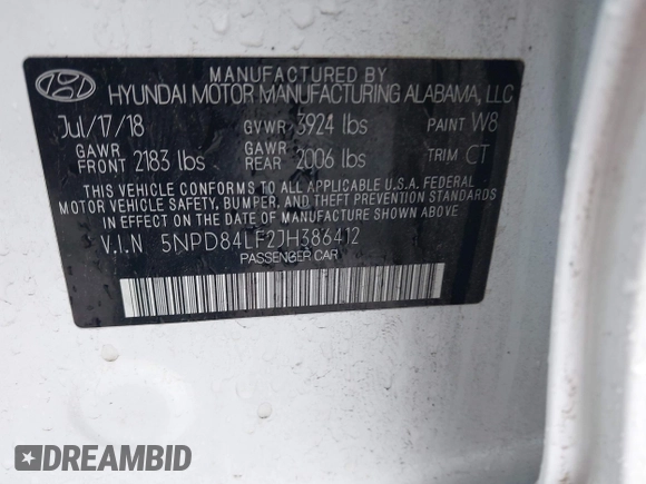 2018 Hyundai Elantra SEL with VIN 5NPD84LF2JH386412, listed as a IAAI auction lot 41996265 with 99,533 mi miles and . Bid and sale history available at DreamBid. Image 9.