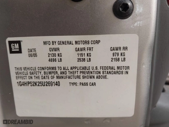 2005 Buick LeSabre Custom with VIN 1G4HP52K25U269140, listed as a IAAI auction lot 41725446 with 121,176 mi miles. Bid and sale history available at carsss.com. Image 9.