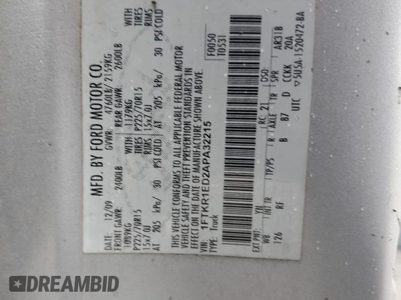 2010 Ford Ranger XL with VIN 1FTKR1ED2APA32215, listed as a Copart auction lot 58259345 with 226,017 mi miles and Salvage title. Bid and sale history available at DreamBid. Image 12.