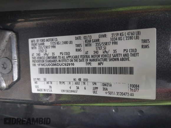 2013 Ford Escape SE с VIN 1FMCU0G96DUC92916, выставлен на аукционе IAAI как лот 41710800 с пробегом 228 307 миль миль и . История ставок и продаж доступна на DreamBid. Изображение 9.