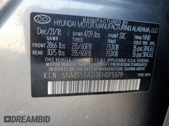 2019 Hyundai Santa Fe Limited with VIN 5NMS53AD3KH075579, listed as a Copart auction lot 46757675 with 78,551 mi miles and Salvage Title. Bid and sale history available at carsss.com. Image 16.