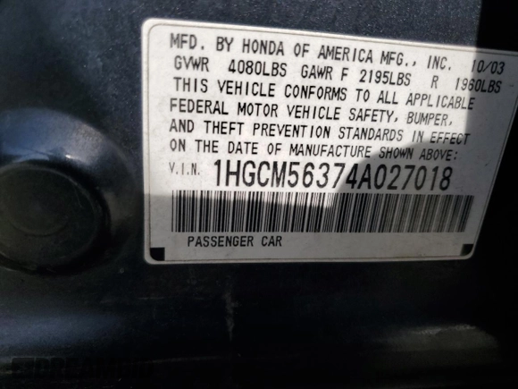 2004 Honda Accord LX z VIN 1HGCM56374A027018, wystawiony jako Copart lot #54768385 z przebiegiem 167 237 mil mil oraz Szkoda całkowita • Salvage title. Historia ofert i sprzedaży dostępna na DreamBid. Obrazek 12.