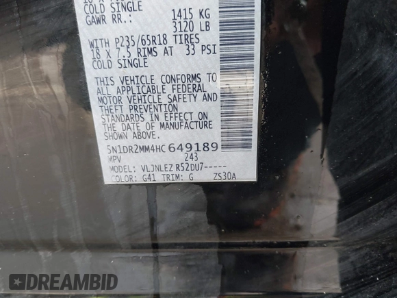 2017 Nissan Pathfinder SV z VIN 5N1DR2MM4HC649189, wystawiony jako IAAI lot #42220229 z przebiegiem 149 707 mil mil oraz . Historia ofert i sprzedaży dostępna na DreamBid. Obrazek 9.