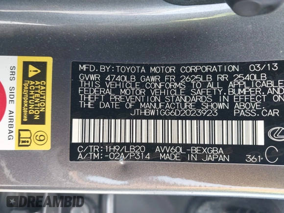 2013 Lexus ES 300h Hybrid with VIN JTHBW1GG6D2023923, listed as a IAAI auction lot 42099648 with 226,437 mi miles. Bid and sale history available at carsss.com. Image 9.