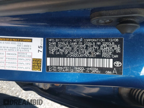 2009 Toyota Prius with VIN JTDKB20U697872401, listed as a IAAI auction lot 42190775 with 207,492 mi miles. Bid and sale history available at carsss.com. Image 9.