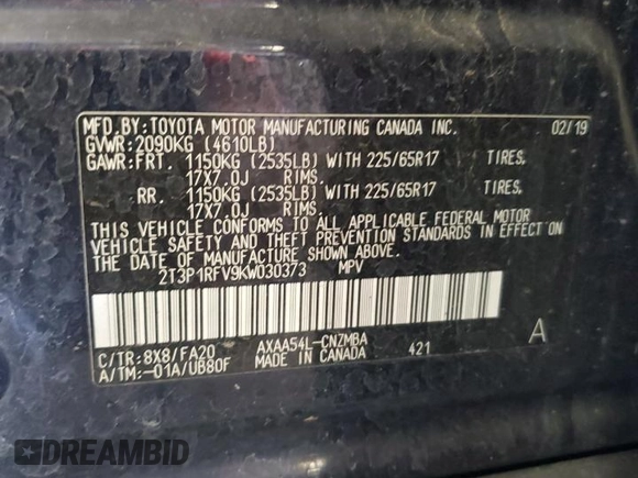 2019 Toyota RAV4 XLE with VIN 2T3P1RFV9KW030373, listed as a Copart auction lot 56887845 with 131,835 mi miles and Salvage title. Bid and sale history available at DreamBid. Image 13.