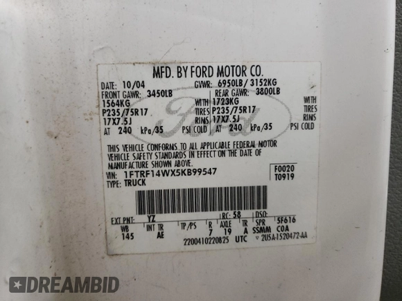 2005 Ford F-150 XL with VIN 1FTRF14WX5KB99547, listed as a Copart auction lot 44403635 with 120,427 mi miles and Clean title. Bid and sale history available at DreamBid. Image 12.
