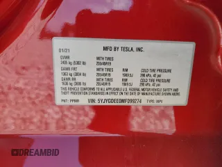 2021 Tesla Model Y Long Range z VIN 5YJYGDEE0MF099274, wystawiony jako Copart lot #53858995 z przebiegiem 91 120 mil mil oraz Szkoda całkowita • Salvage title. Historia ofert i sprzedaży dostępna na DreamBid. Obrazek 13.
