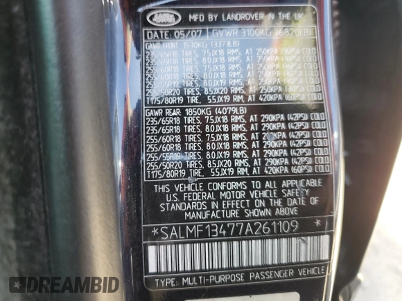 2007 Land Rover Range Rover SC with VIN SALMF13477A261109, listed as a Copart auction lot 56125495 with 103,289 mi miles and Clean title. Bid and sale history available at DreamBid. Image 13.