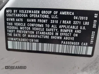 2013 Volkswagen Passat Wolfsburg Edition with VIN 1VWAP7A39DC126165, listed as a IAAI auction lot 41921572 with 132,992 mi miles. Bid and sale history available at carsss.com. Image 9.