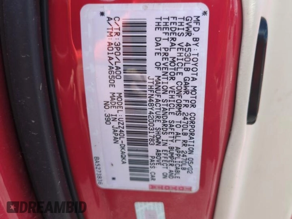 2002 Lexus SC 430 with VIN JTHFN48Y420031783, listed as a Copart auction lot 78400404 with Not Provided miles and Salvage Title. Bid and sale history available at DreamBid. Image 13.