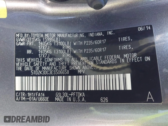 2014 Toyota Sienna L with VIN 5TDZK3DC3ES506658, listed as a IAAI auction lot 41469391 with 169,848 mi miles. Bid and sale history available at carsss.com. Image 9.