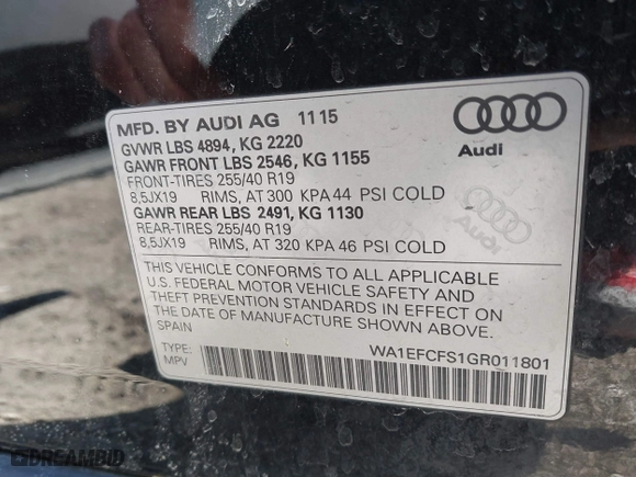 2016 Audi Q3 Premium Plus with VIN WA1EFCFS1GR011801, listed as a IAAI auction lot 41691273 with 126,554 mi miles. Bid and sale history available at carsss.com. Image 9.