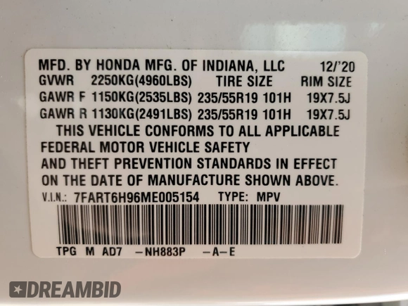 2021 Honda CR-V Touring with VIN 7FART6H96ME005154, listed as a Copart auction lot 60266905 with 54,624 mi miles and Salvage title. Bid and sale history available at DreamBid. Image 13.
