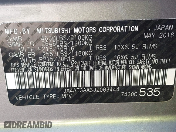 2018 Mitsubishi Eclipse Cross ES with VIN JA4AT3AA3JZ063444, listed as a IAAI auction lot 42043486 with 73,214 mi miles and . Bid and sale history available at DreamBid. Image 9.