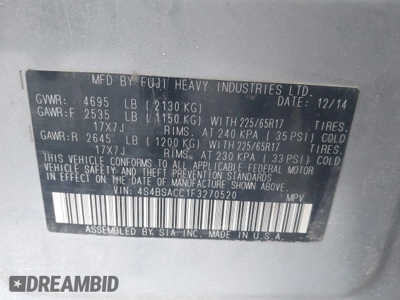2015 Subaru Outback Premium with VIN 4S4BSACC1F3270520, listed as a IAAI auction lot 41916964 with 156,292 mi miles and . Bid and sale history available at DreamBid. Image 9.