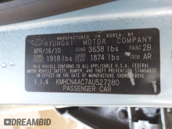 2010 Hyundai Accent GLS с VIN KMHCN4AC7AU527280, выставлен на аукционе IAAI как лот 42494671 с пробегом 232 468 миль миль и . История ставок и продаж доступна на DreamBid. Изображение 9.