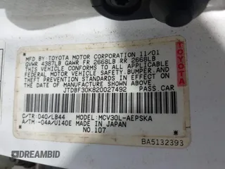 2002 Toyota Camry XLE z VIN JTDBF30K820027492, wystawiony jako IAAI lot #42158162 z przebiegiem 224 291 mil mil oraz . Historia ofert i sprzedaży dostępna na DreamBid. Obrazek 9.