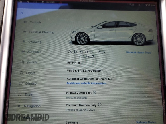 2015 Tesla Model S 85D with VIN 5YJSA1S21FF089159, listed as a Copart auction lot 51504605 with 58,944 mi miles and Clean Title. Bid and sale history available at carsss.com. Image 9.