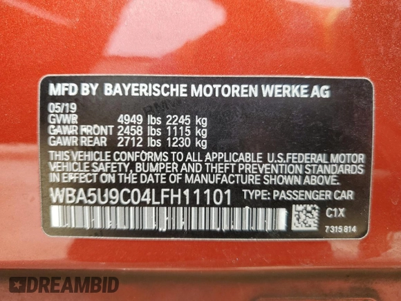 2020 BMW 3 Series M340i xDrive with VIN WBA5U9C04LFH11101, listed as a Copart auction lot 62268984 with 47,696 mi miles and Clean Title. Bid and sale history available at DreamBid. Image 13.