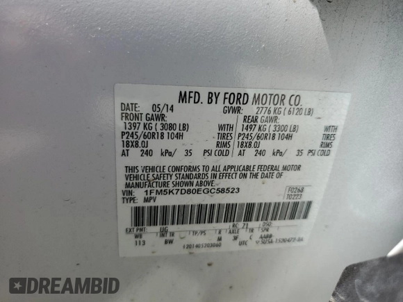 2014 Ford Explorer XLT with VIN 1FM5K7D80EGC58523, listed as a Copart auction lot 57431975 with 98,252 mi miles and Salvage title. Bid and sale history available at DreamBid. Image 14.
