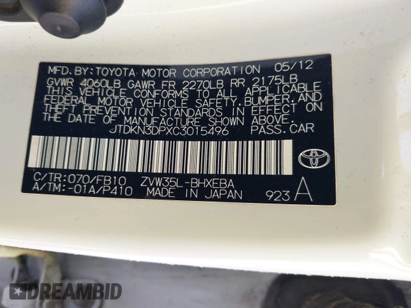 2012 Toyota Prius with VIN JTDKN3DPXC3015496, listed as a IAAI auction lot 41838717 with 178,379 mi miles and . Bid and sale history available at DreamBid. Image 9.