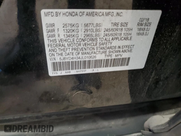 2018 Acura MDX with VIN 5J8YD4H34JL010626, listed as a Copart auction lot 61831845 with 98,865 mi miles and Salvage title. Bid and sale history available at DreamBid. Image 14.