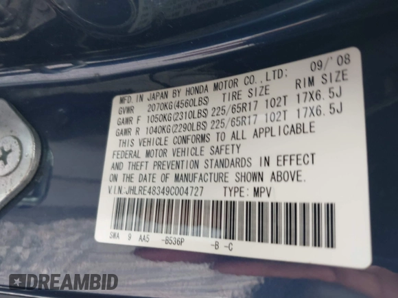 2009 Honda CR-V LX with VIN JHLRE48349C004727, listed as a IAAI auction lot 42087641 with 269,090 mi miles. Bid and sale history available at carsss.com. Image 9.