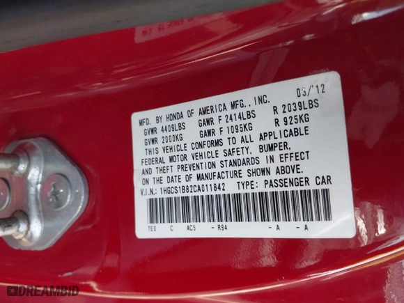 2012 Honda Accord Cpe EX-L with VIN 1HGCS1B82CA011842, listed as a IAAI auction lot 41874453 with 159,884 mi miles. Bid and sale history available at carsss.com. Image 9.