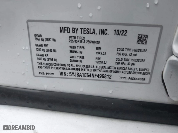 2022 Tesla Model S Plaid with VIN 5YJSA1E64NF496812, listed as a IAAI auction lot 40927668 with 1 mi miles. Bid and sale history available at carsss.com. Image 9.