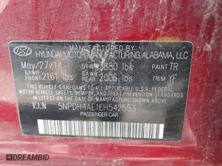 2014 Hyundai Elantra SE with VIN 5NPDH4AE1EH542553, listed as a IAAI auction lot 41963357 with 196,233 mi miles. Bid and sale history available at carsss.com. Image 9.