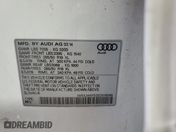 2014 Audi Q7 Premium Plus with VIN WA1LMAFE0ED018566, listed as a Copart auction lot 50705575 with 169,621 mi miles and Salvage title. Bid and sale history available at DreamBid. Image 12.