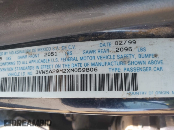 1999 Volkswagen Jetta GLS with VIN 3VWSA29M2XM059806, listed as a IAAI auction lot 42632422 with 142,674 mi miles and . Bid and sale history available at DreamBid. Image 9.