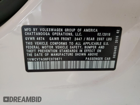 2015 Volkswagen Passat SEL Premium with VIN 1VWCV7A38FC073671, listed as a Copart auction lot 66022775 with 64,452 mi miles and Salvage title. Bid and sale history available at DreamBid. Image 13.