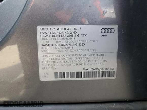 2016 Audi Q5 Premium Plus with VIN WA1L2AFP4GA032353, listed as a Copart auction lot 49181835 with 139,533 mi miles and Salvage Title. Bid and sale history available at carsss.com. Image 15.