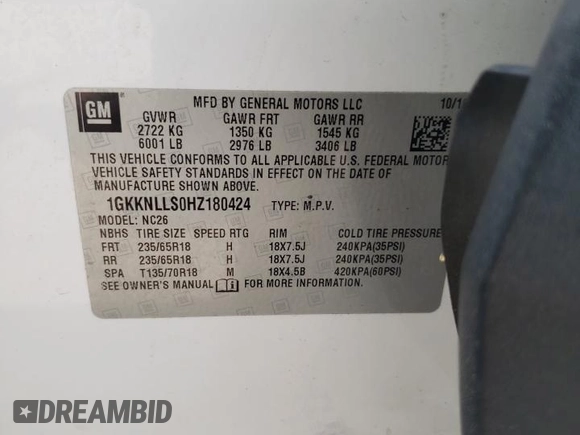 2017 GMC Acadia SLE with VIN 1GKKNLLS0HZ180424, listed as a Copart auction lot 53069325 with 158,493 mi miles and Salvage title. Bid and sale history available at DreamBid. Image 14.