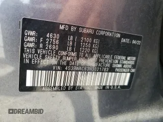 2022 Subaru Legacy Premium with VIN 4S3BWAC63N3021783, listed as a Copart auction lot 58152335 with 47,374 mi miles and Non repairable. Bid and sale history available at DreamBid. Image 12.