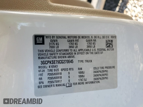 2012 Chevrolet Silverado 1500 LT with VIN 3GCPKSE79CG270645, listed as a Copart auction lot 51969525 with Not Provided miles and Salvage Title. Bid and sale history available at DreamBid. Image 15.