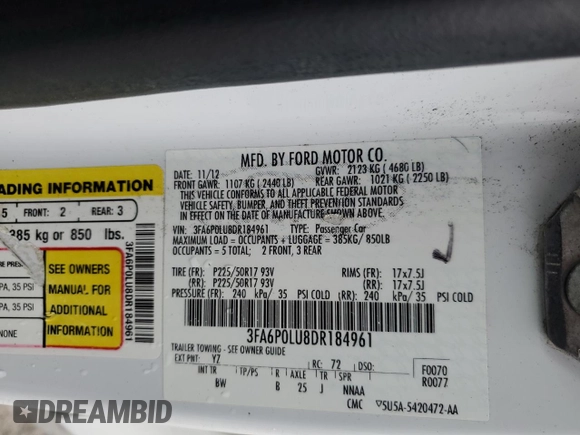 2013 Ford Fusion SE Hybrid with VIN 3FA6P0LU8DR184961, listed as a Copart auction lot 48213875 with 172,188 mi miles and Clean Title. Bid and sale history available at carsss.com. Image 12.