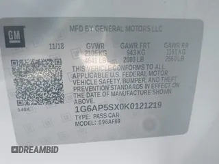 2019 Cadillac CTS RWD with VIN 1G6AP5SX0K0121219, listed as a IAAI auction lot 41239899 with 84,588 mi miles and . Bid and sale history available at DreamBid. Image 9.