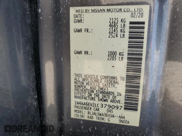 2020 Nissan Maxima SR with VIN 1N4AA6EV2LC379097, listed as a Copart auction lot 58047325 with 76,387 mi miles and Salvage title. Bid and sale history available at DreamBid. Image 12.