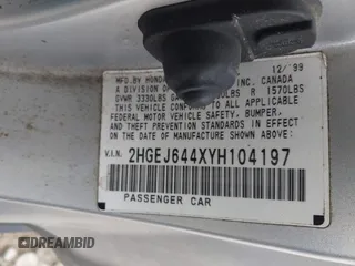 2000 Honda Civic DX z VIN 2HGEJ644XYH104197, wystawiony jako IAAI lot #42005938 z przebiegiem 125 321 mil mil oraz . Historia ofert i sprzedaży dostępna na DreamBid. Obrazek 9.